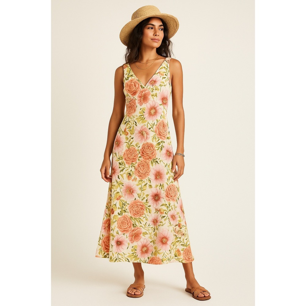 Paper Heart Floral Maxi Dress Womens XS Linen Blend Sleeveless V Neck Summer